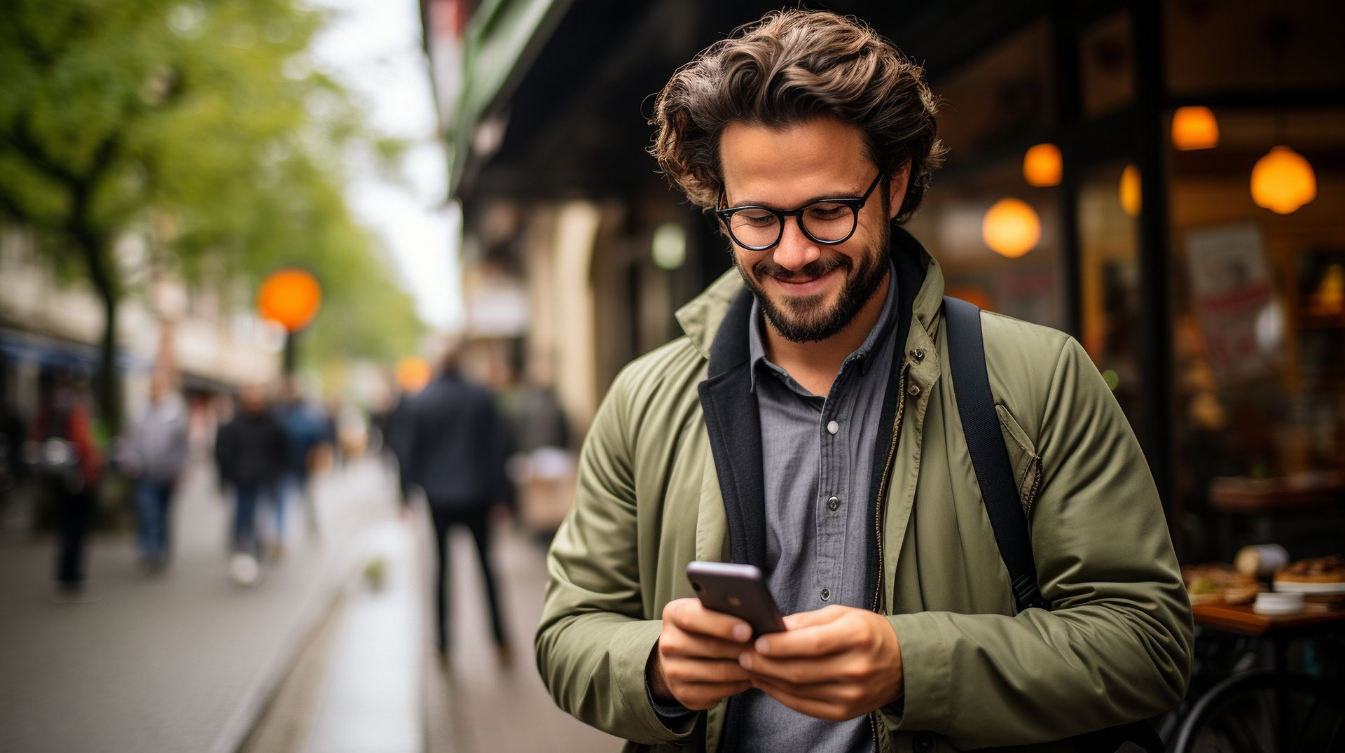 A man on a city sidewalk smiling at his phone