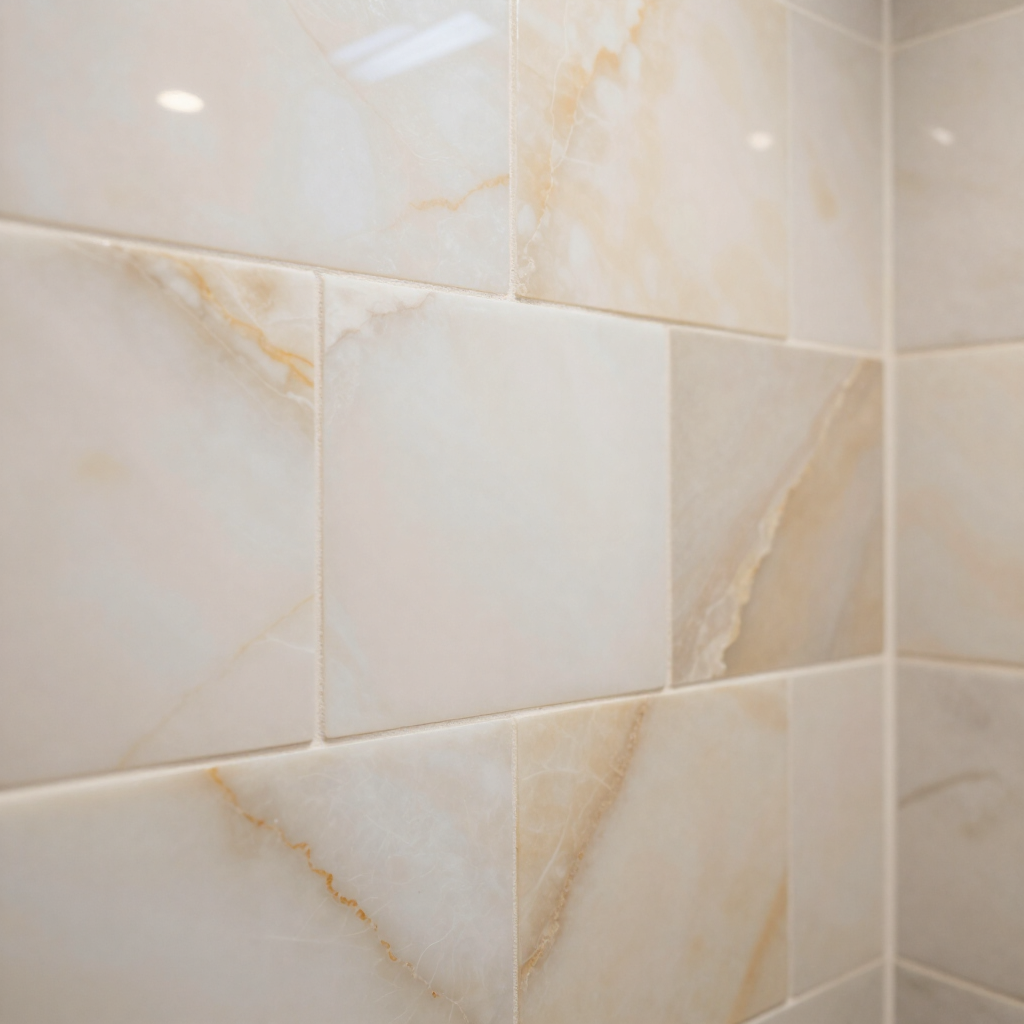 Beige tiled wall with subtle marble-like veining and grout lines