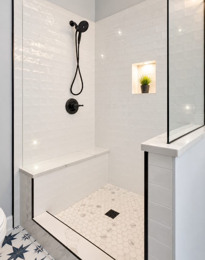 FULL BATHROOM MINIMALISTIC BATHROOM WITH GEOMETRIC FLOOR | ST PETERS MO | JUST BATHROOMS 636