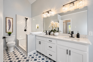 FULL BATHROOM MINIMALISTIC BATHROOM WITH GEOMETRIC FLOOR | ST PETERS MO | JUST BATHROOMS 636