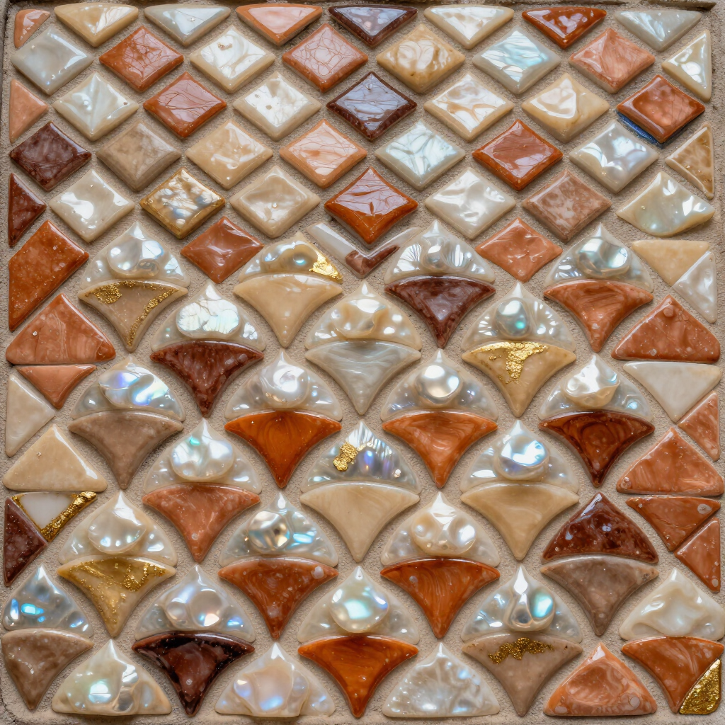 Close-up of glossy white and pale blue diamond-patterned mosaic tiles