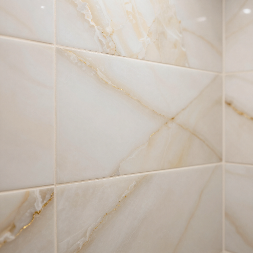 Beige tiled wall with subtle marble-like veining and grout lines