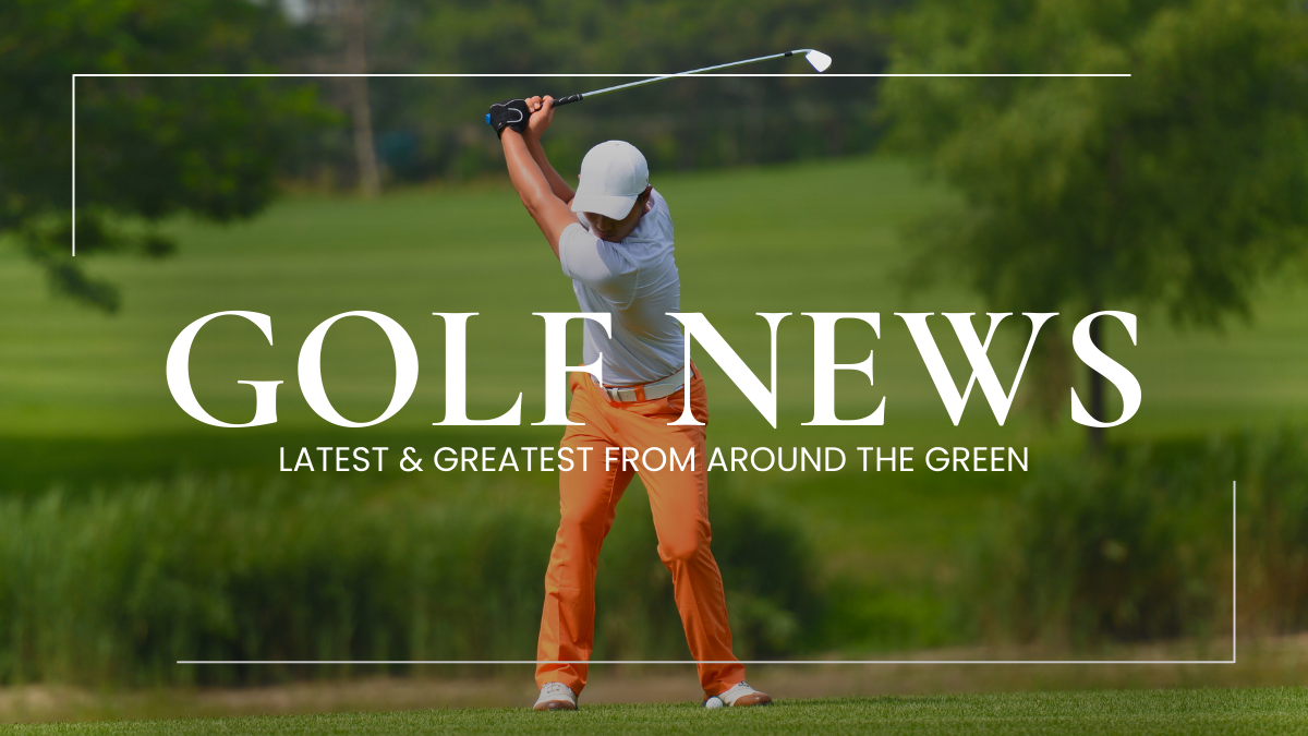 Golfer in orange pants swings club on a green golf course. The words