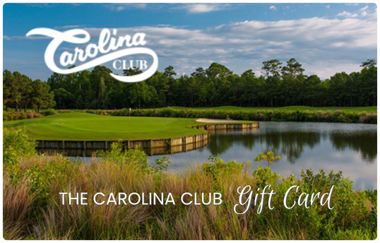 Carolina Club gift card featuring a golf course with a lake and lush greenery.