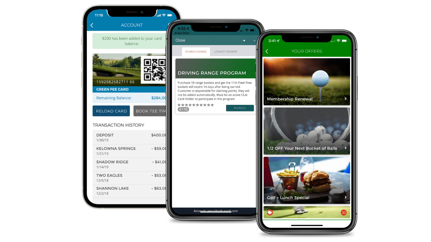 Three smartphones displaying a golf app interface. Each screen shows different menu options, including course information, a QR code, and news articles.