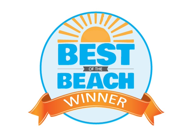 "Best of the Beach Winner" badge with a sun, blue circle, and orange ribbon.