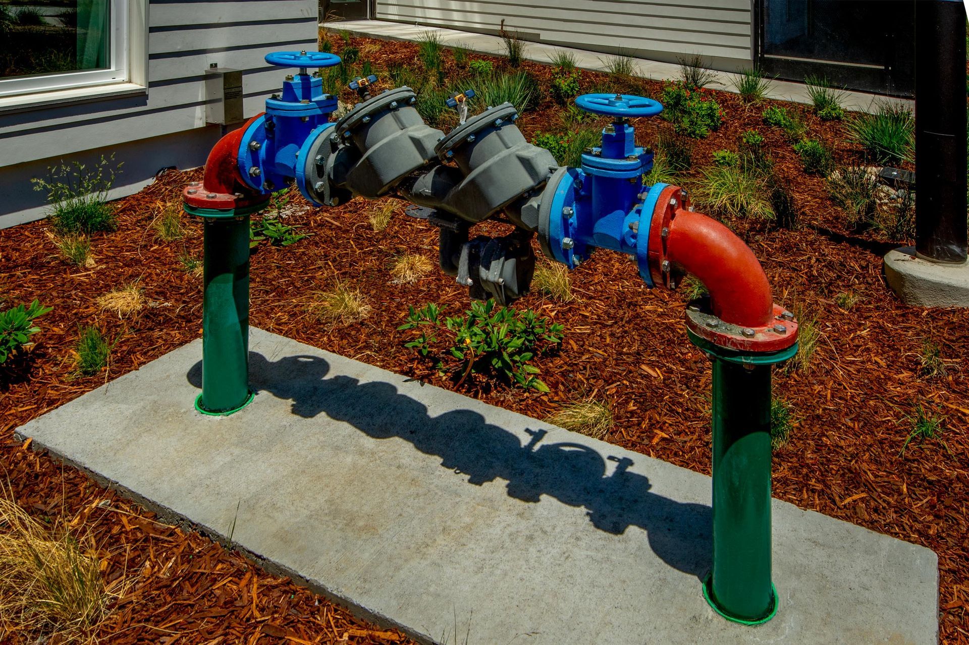 A blue and red pipe is sitting on a concrete surface.