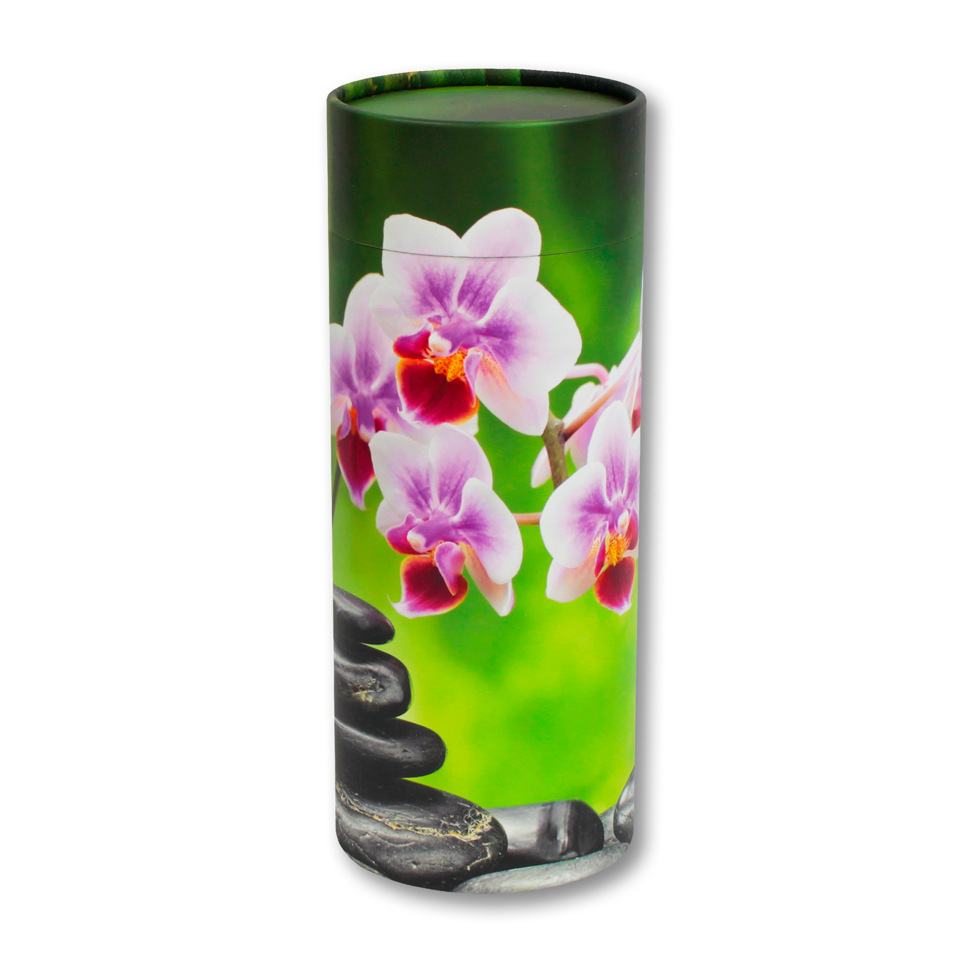 Cylindrical cremation urn with orchids and stacked black stones against a green background.