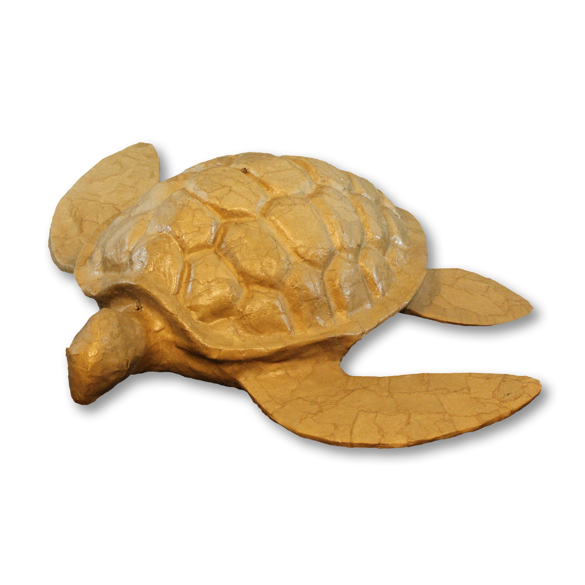 Sea turtle sculpture, gold-colored, with detailed shell and outstretched flippers on a white background.