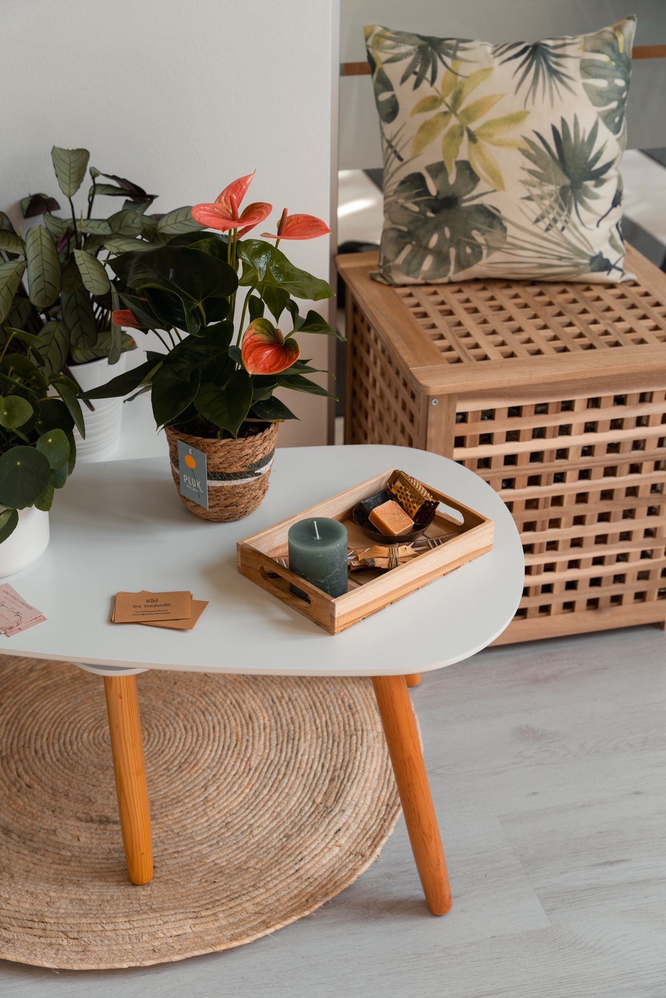 White table with plants and wooden tray, round rug, and wooden chest with pillow.