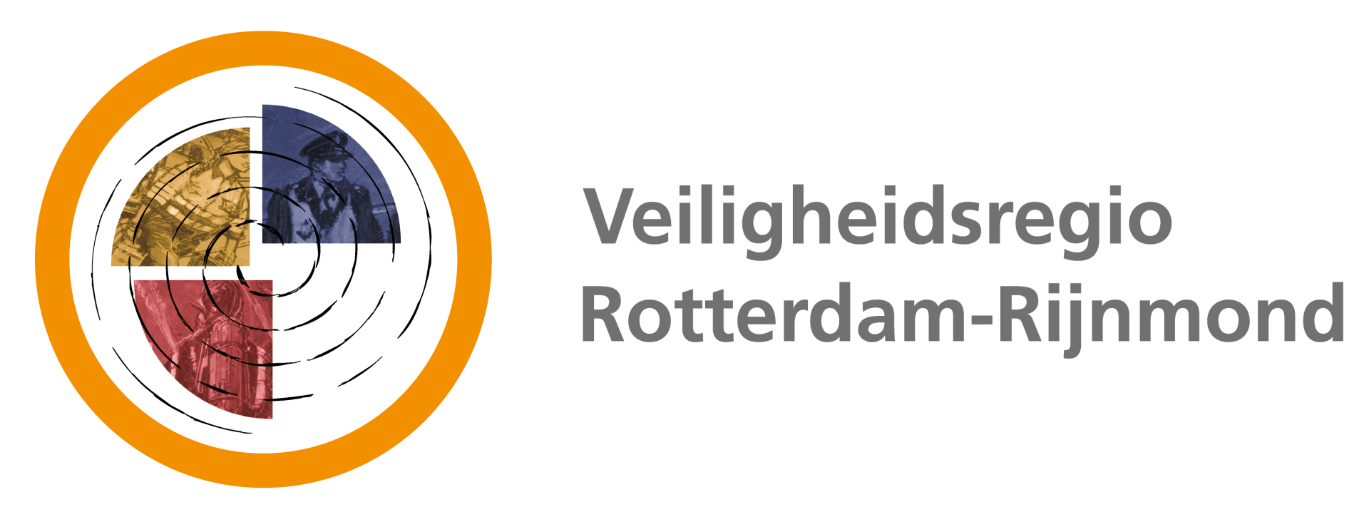 Logo for Veiligheidsregio Rotterdam-Rijnmond: Orange circle with four colored sections and text in gray.
