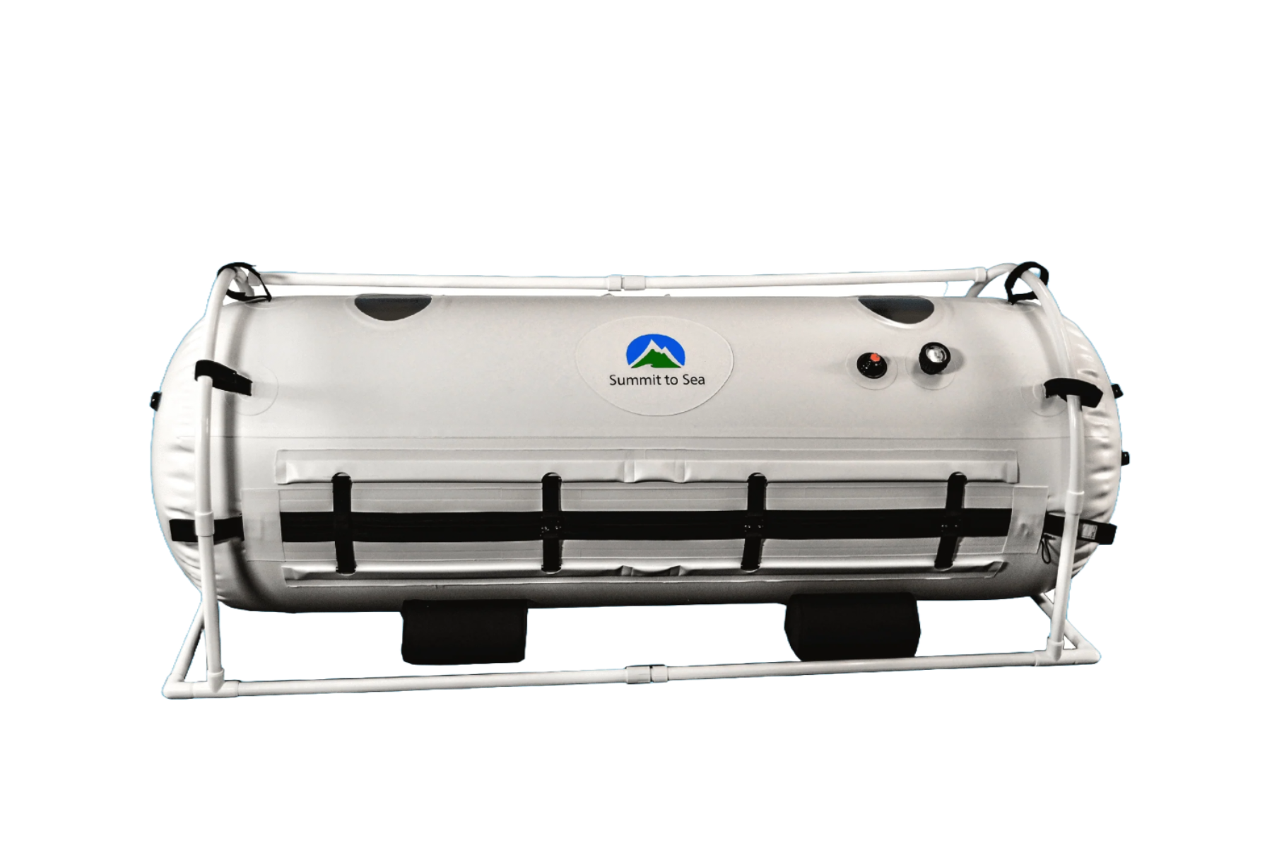 White, cylindrical hyperbaric chamber with black straps and gauge, on a white metal frame.