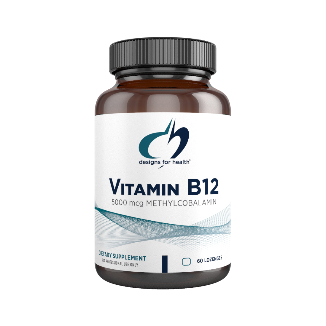 Bottle of Designs for Health Vitamin B12 supplement with a black lid and white label.