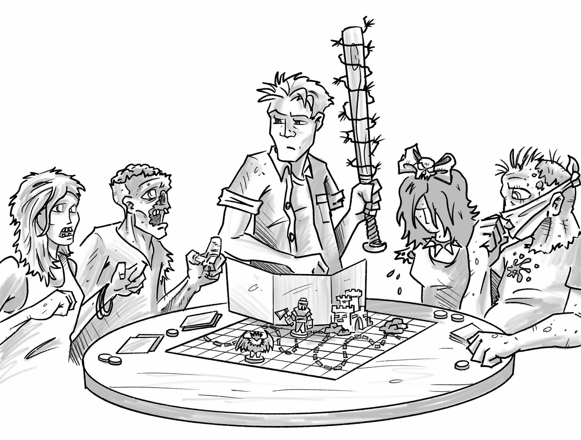 Man playing D&D with a group of Zombies