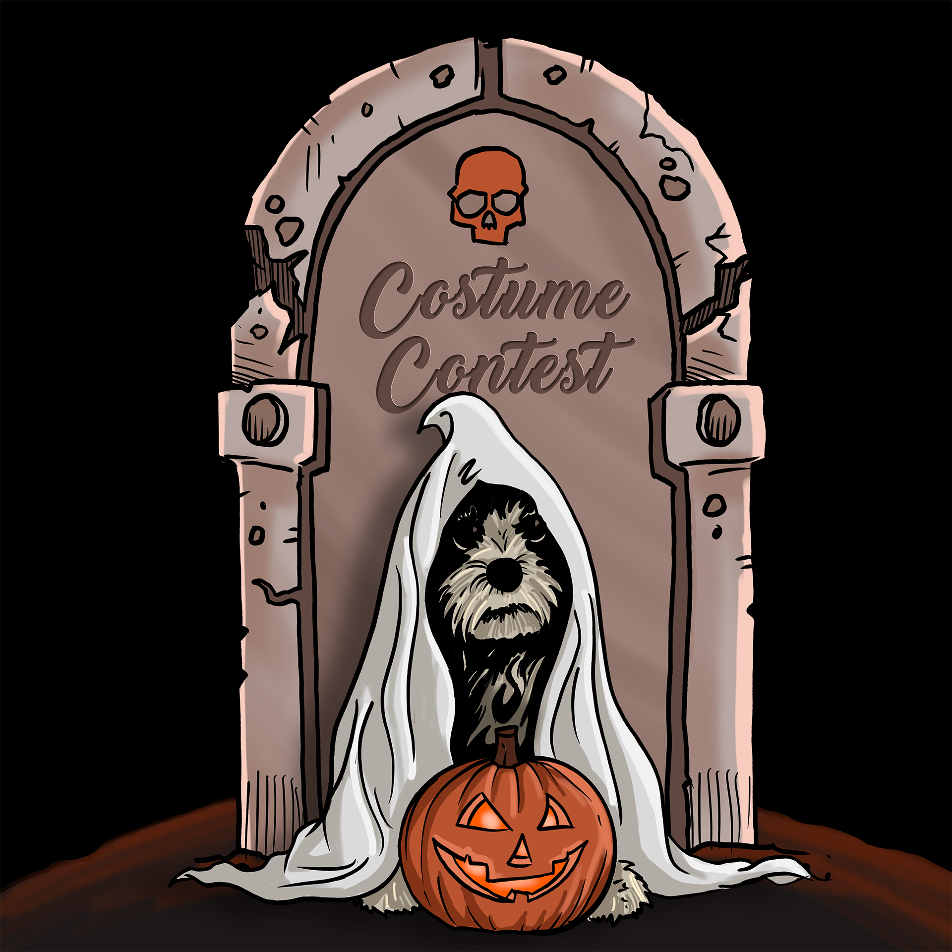 dog dressed up as a ghost in front of a tombstone 