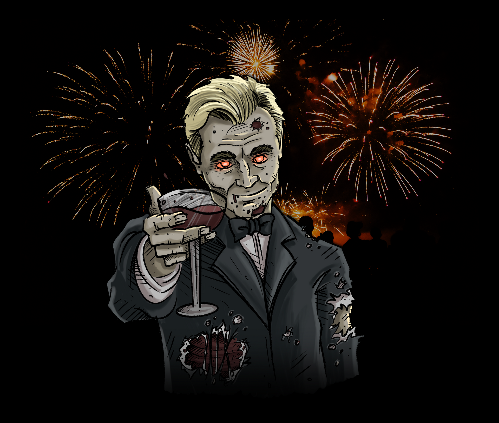 zombie holding out a glass of wine with fireworks behind him