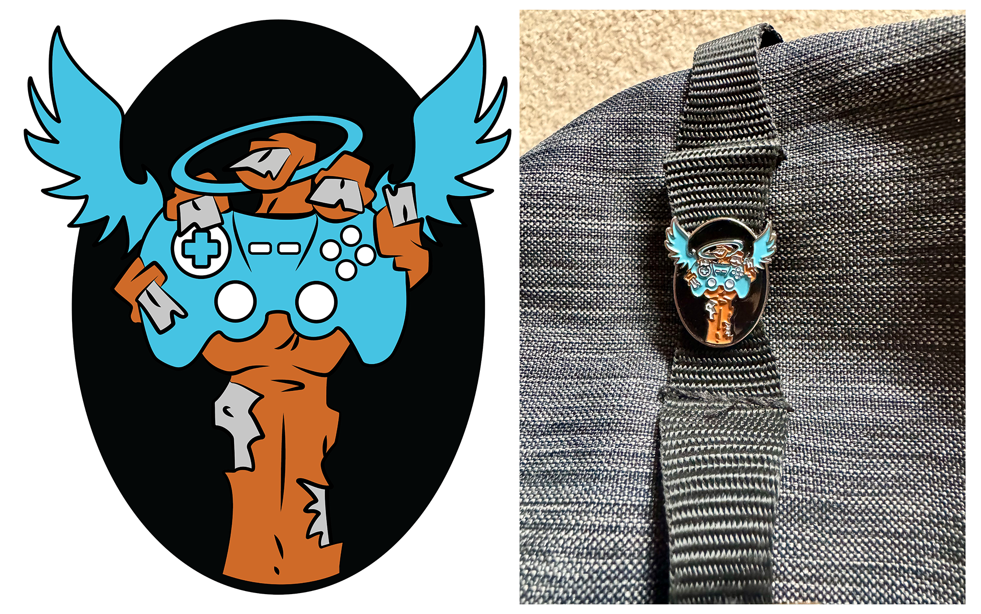 pin design for Extra Life featuring a zombie hand holding an xbox controller with wings