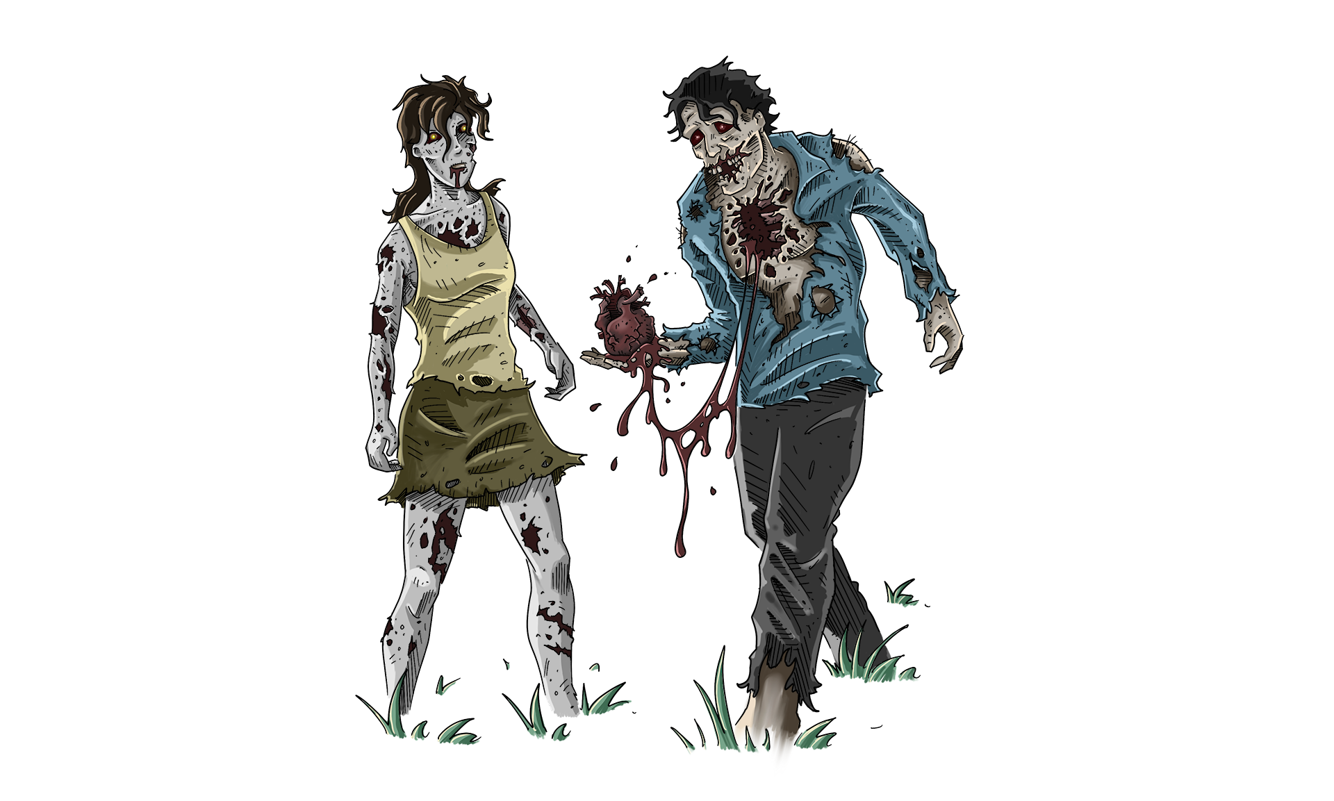 Zombie holding his heart out to another zombie