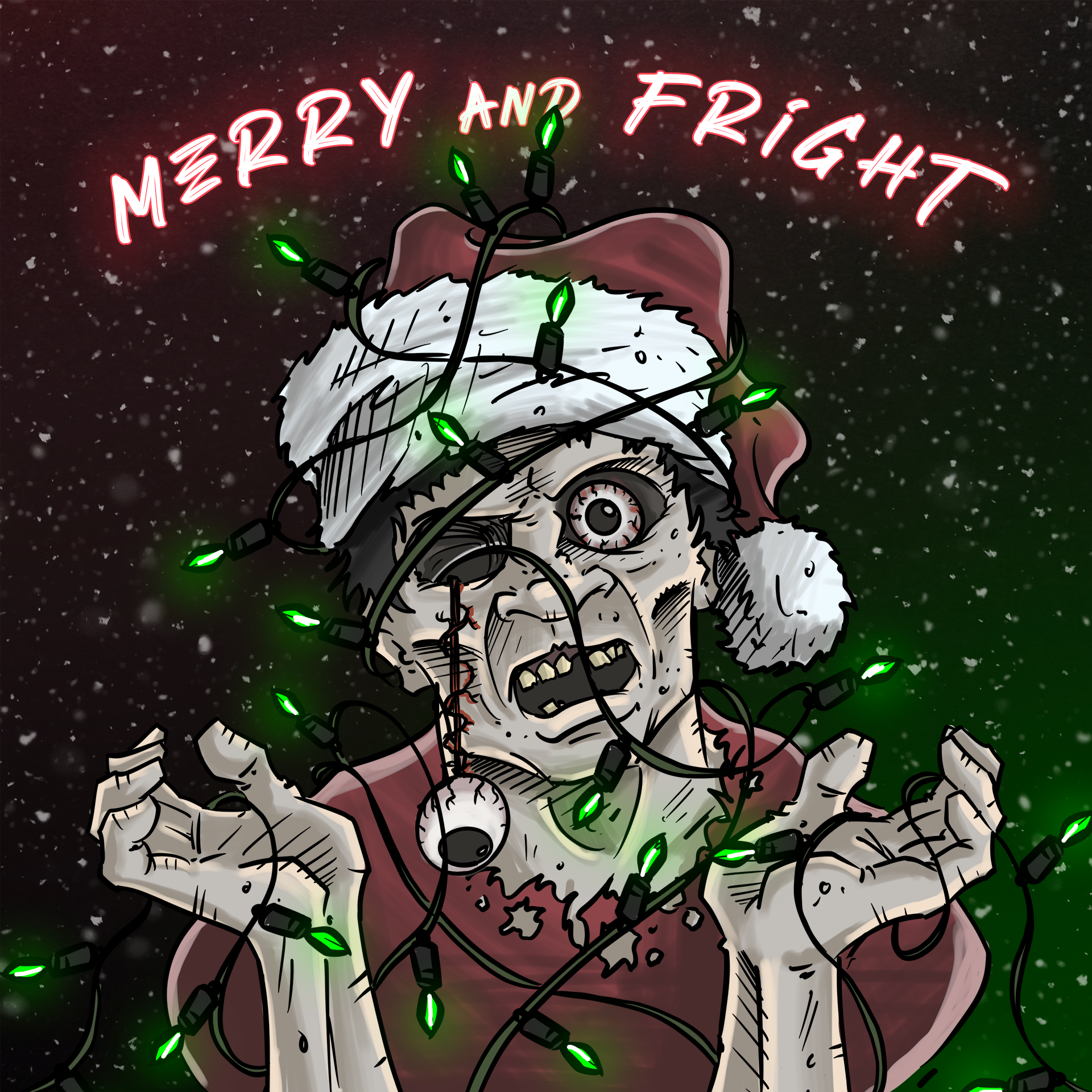 Zombie tangled in Christmas lights and a santa hat on, title 