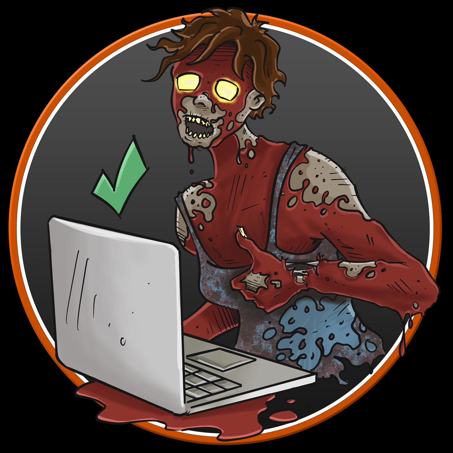 a Zombie on a laptop giving the thumbs up