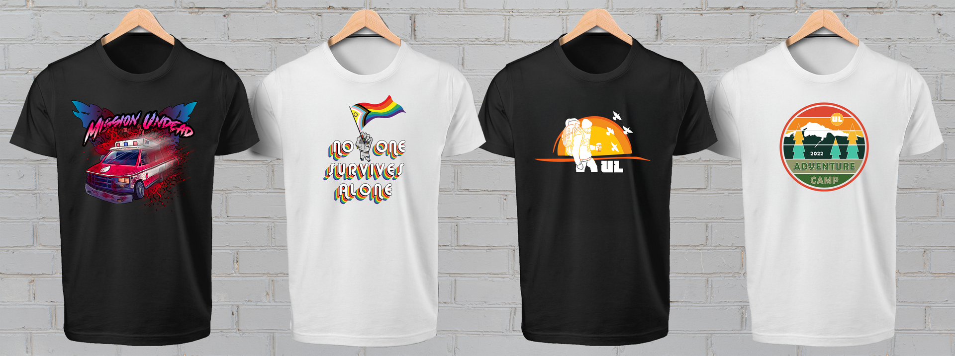 4 t-shirts with different designs on them for Undead Labs and State of Decay 2