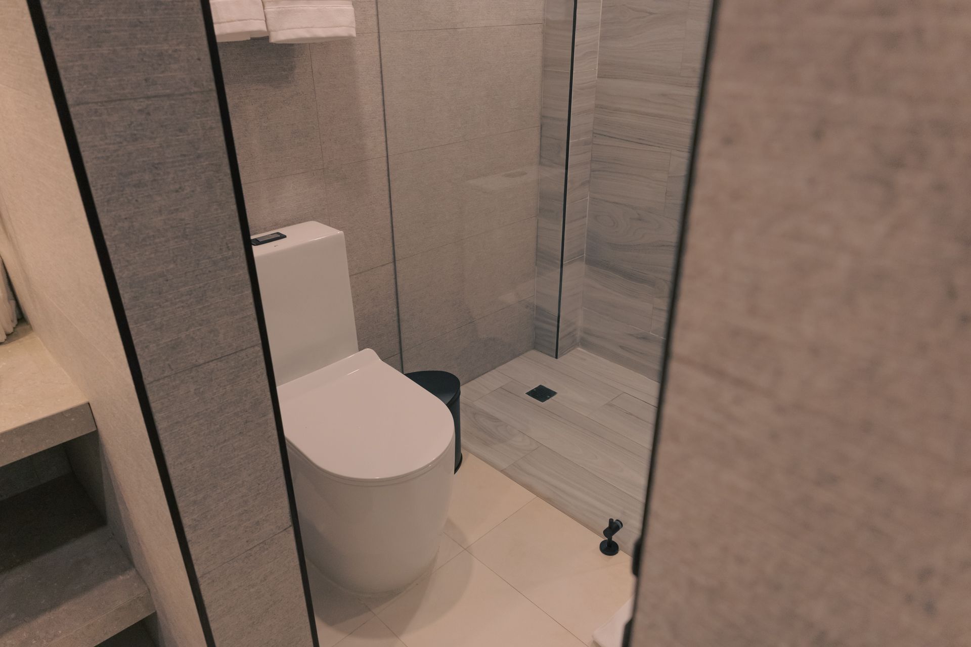 A bathroom with a toilet and a walk in shower.