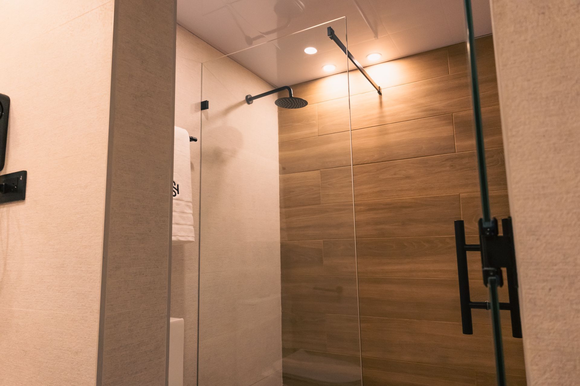 A bathroom with a walk in shower and a wooden wall.