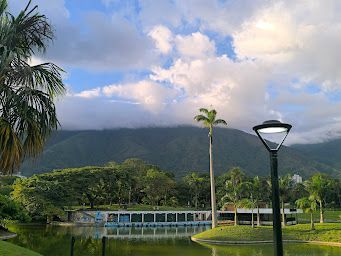 There is a lake in the middle of a park with mountains in the background.