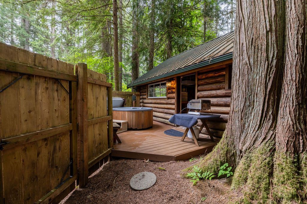 Wooden cabin with hot tub and patio surrounded by trees. The cabin has a table set up outside.