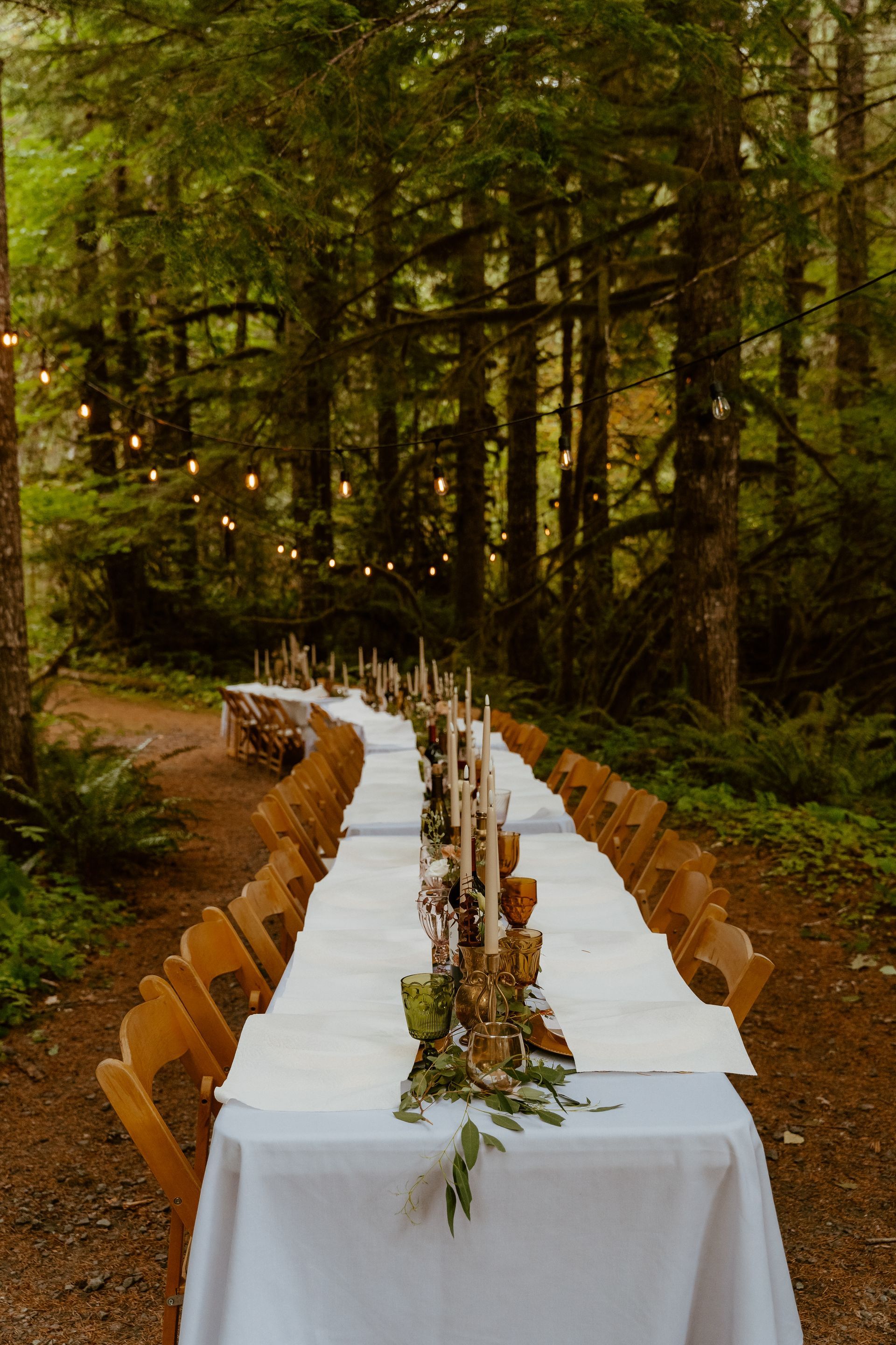 A bride and groom are posing for a picture with their wedding party in the woods.