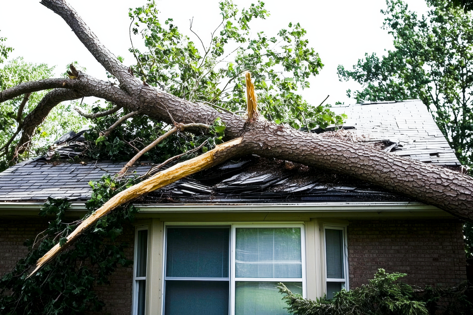 Fallen tree limb crushing the roof of a house above a front window