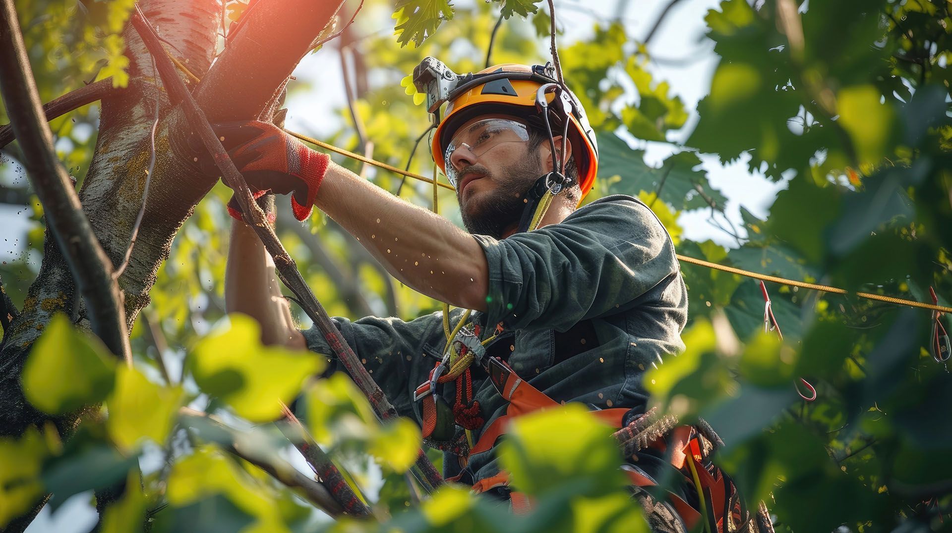 Arborist in a tree, cutting branches with a chainsaw, wearing a helmet, harness, and gloves.