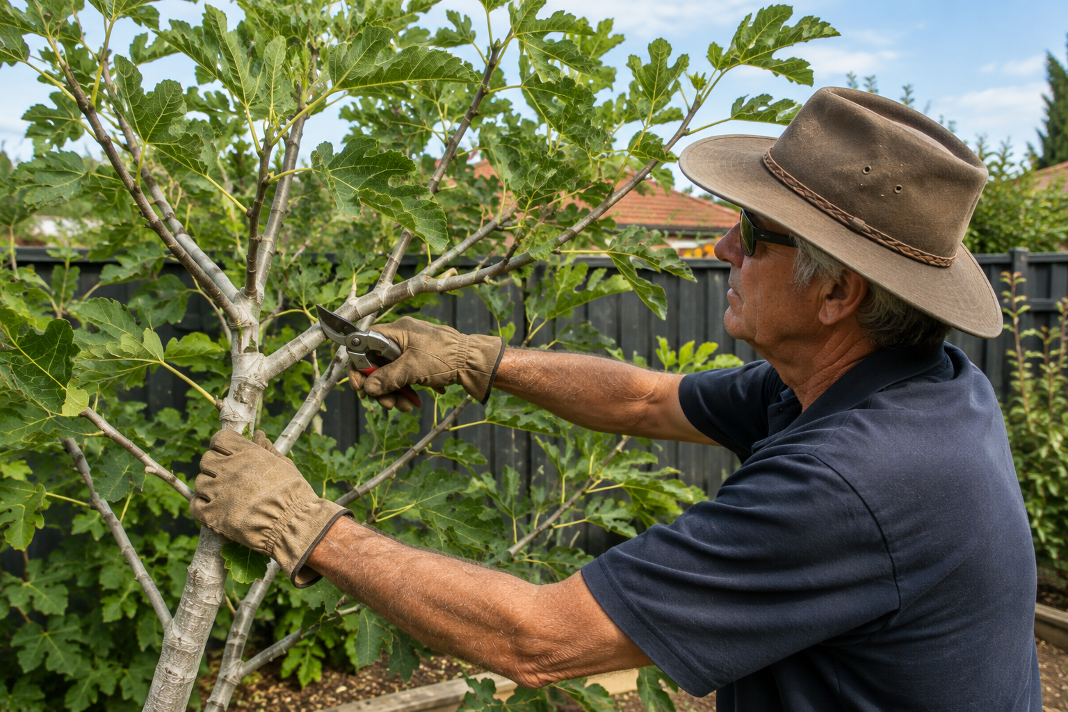 Gardener trimming a fig tree in a backyard, wearing gloves and a wide-brimmed hat.
