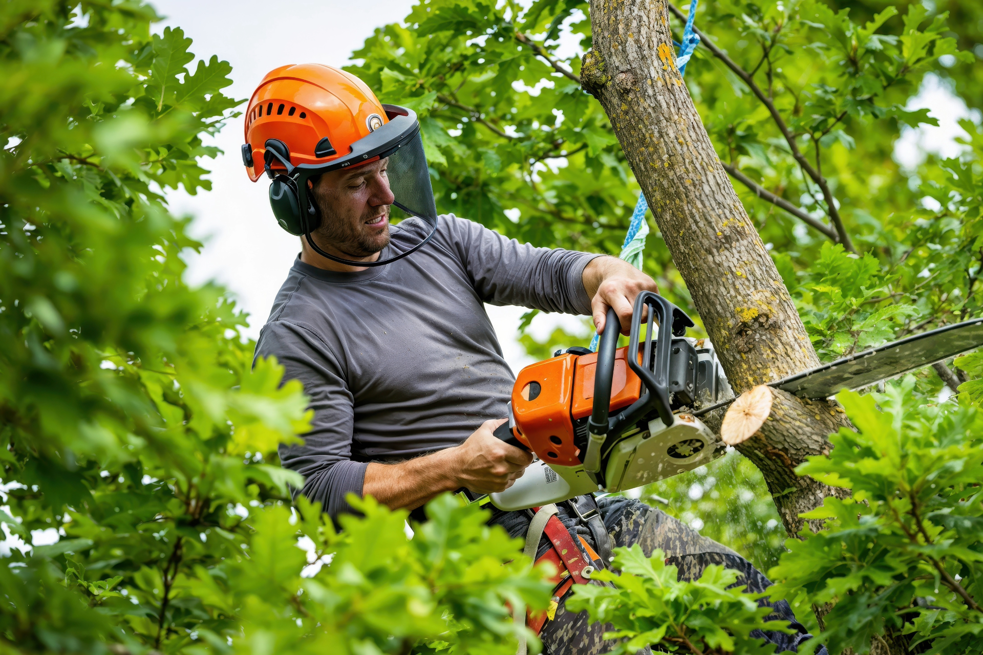 Arborist in orange helmet cutting a tree branch with a chainsaw among green leaves