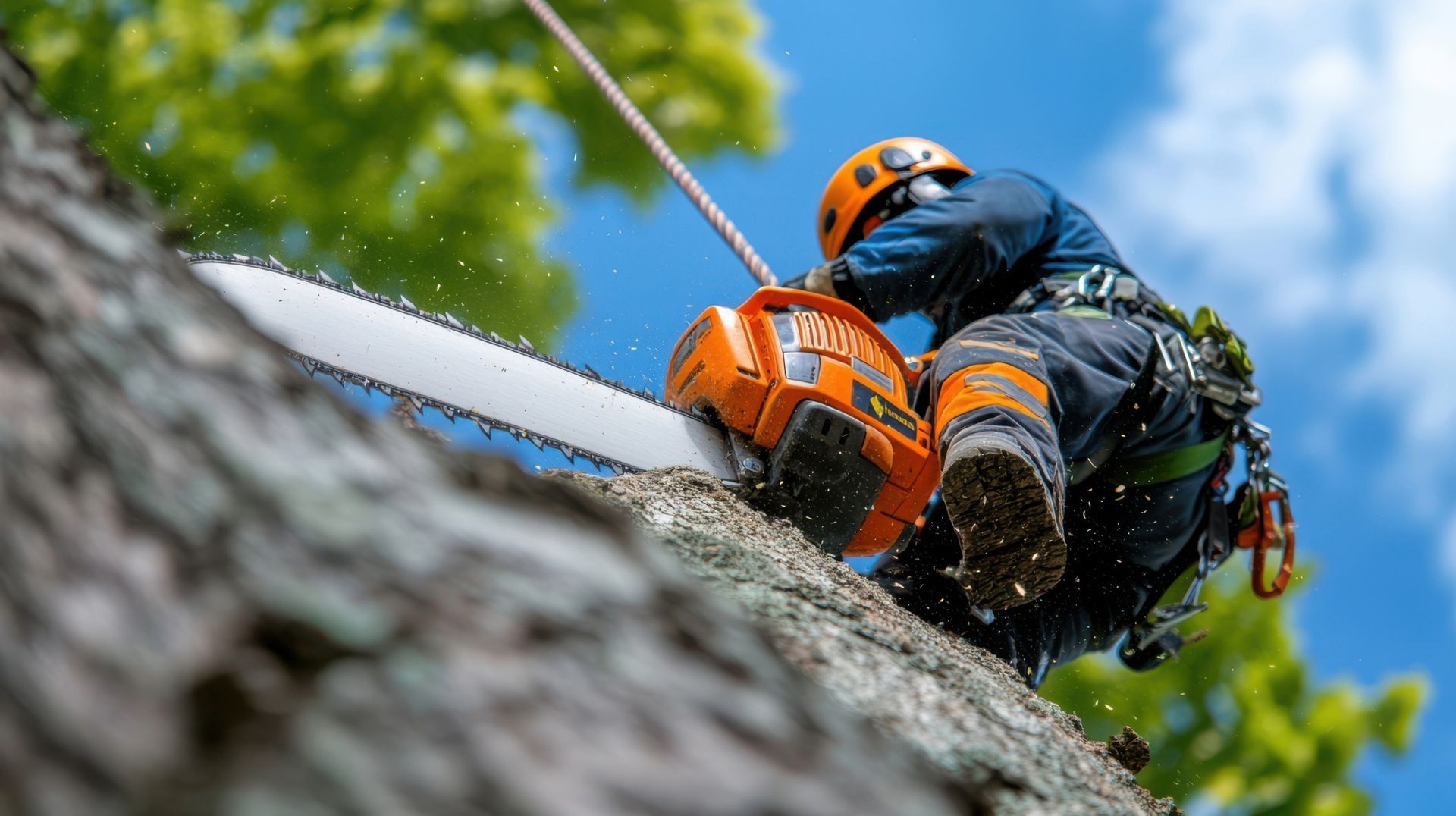 An arborist in protective gear climbs a tree and cuts a branch with a bright orange chainsaw against a blue sky.