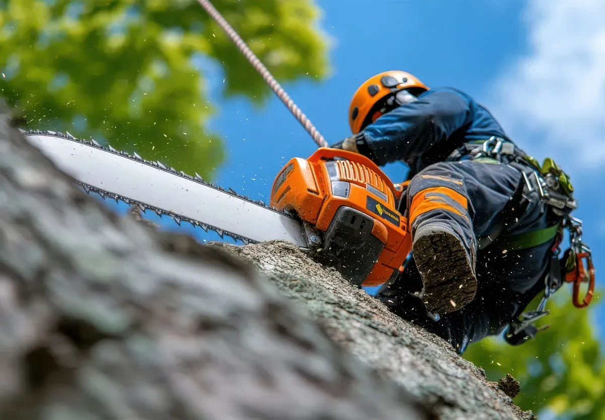 A man is cutting a tree with a chainsaw.