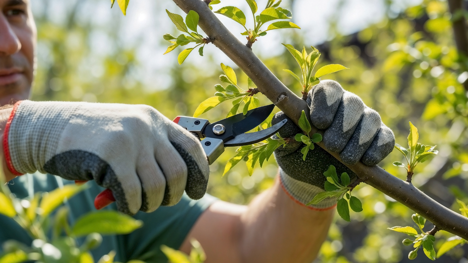 Gloved hands pruning a tree branch with garden shears in a sunlit orchard