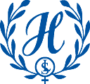 Blå monogramlogotyp med lagerkrans och stiliserade bokstäver
