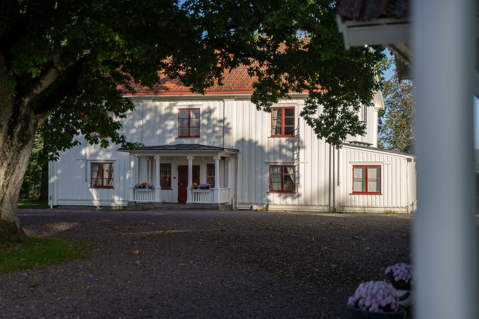 Vitt trähus med rödkantade fönster, veranda och lummiga trädskuggor i skymningen