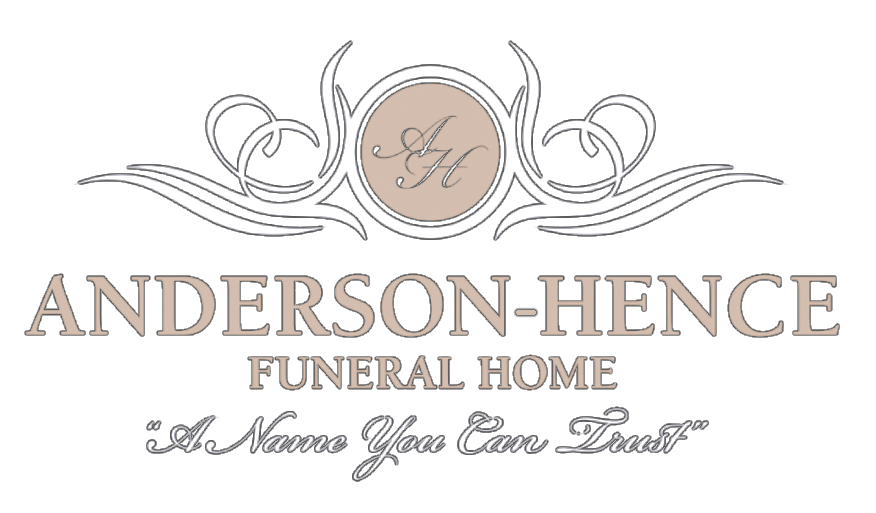 Logo for Anderson-Hence Funeral Home, featuring text and an ornate design with initials "A H".