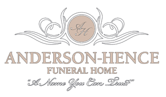 Logo for Anderson-Hence Funeral Home, featuring text and an ornate design with initials "A H".