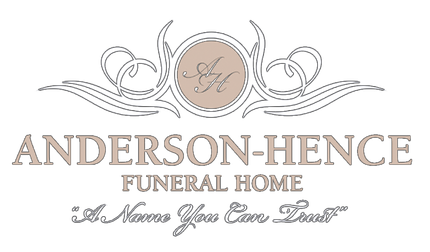 Logo for Anderson-Hence Funeral Home, featuring text and an ornate design with initials "A H".
