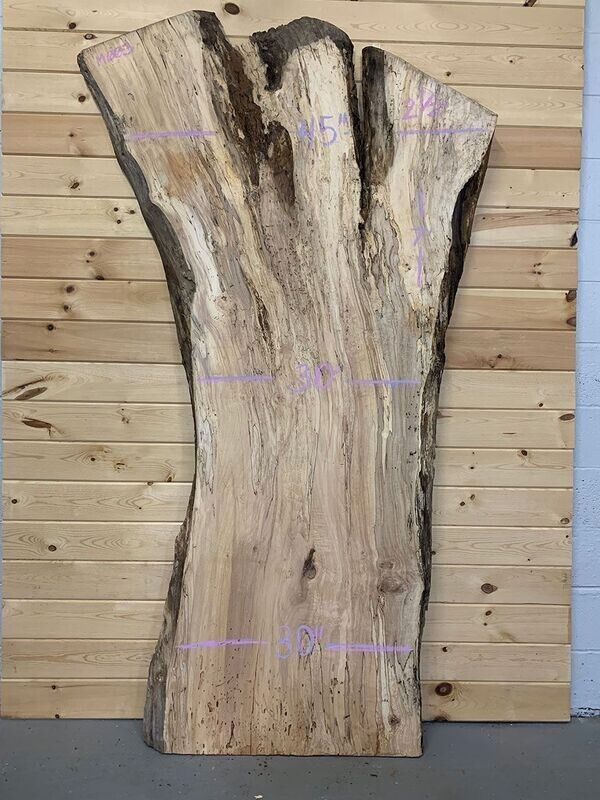 A large piece of wood is sitting in front of a wooden wall.