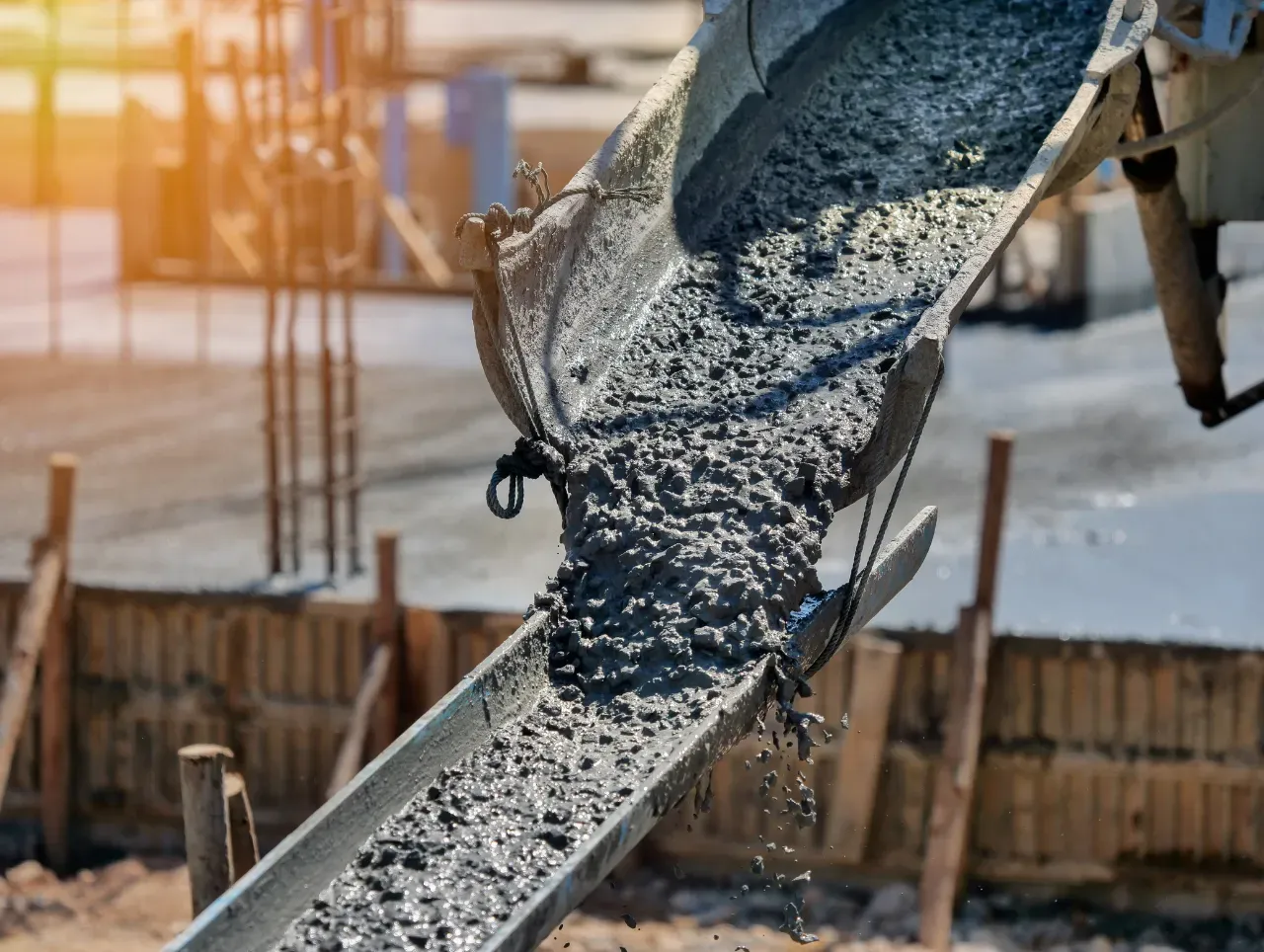 Concrete being poured from a chute into wooden forms at a construction site.