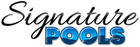 Signature Pools logo with stylized cursive font and blue water-filled