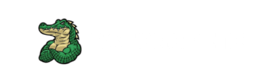 A green cartoon alligator sitting down.