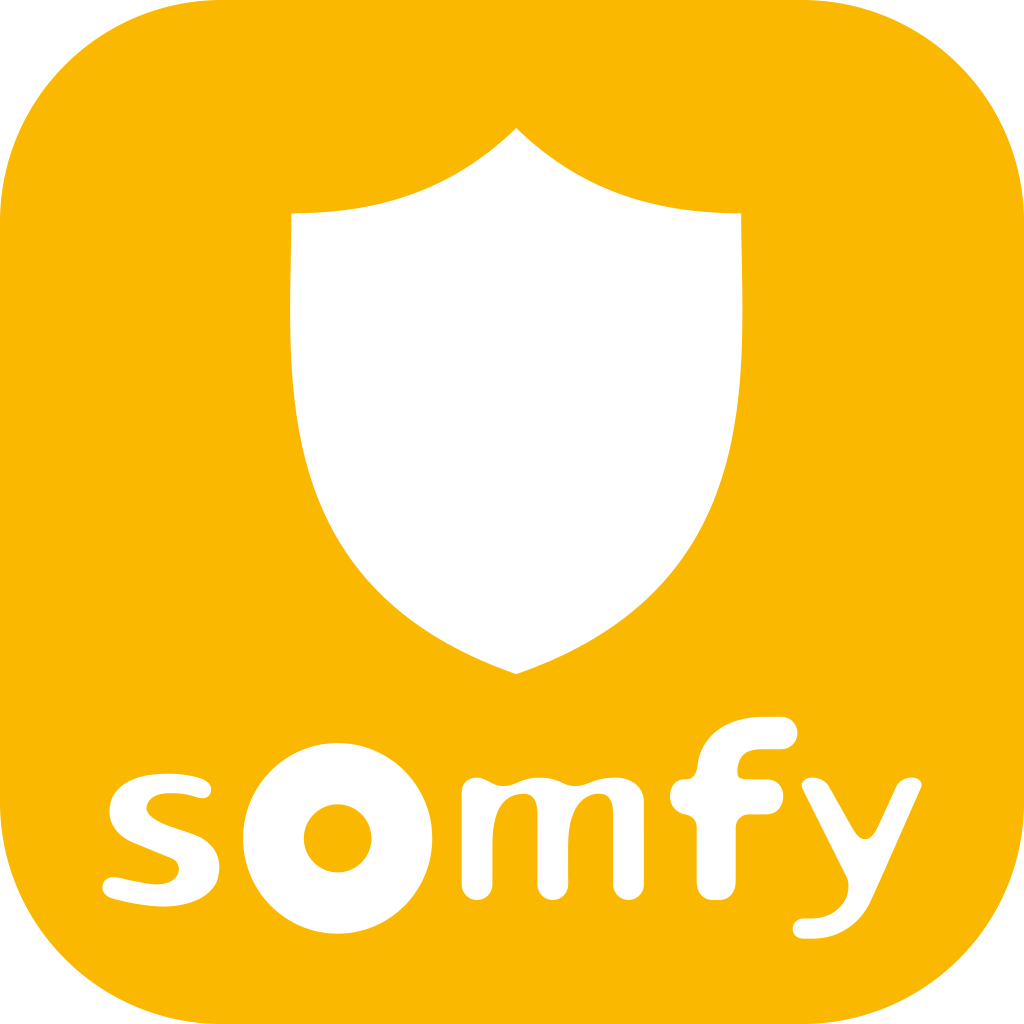 The somfy logo has a white shield on a yellow background.