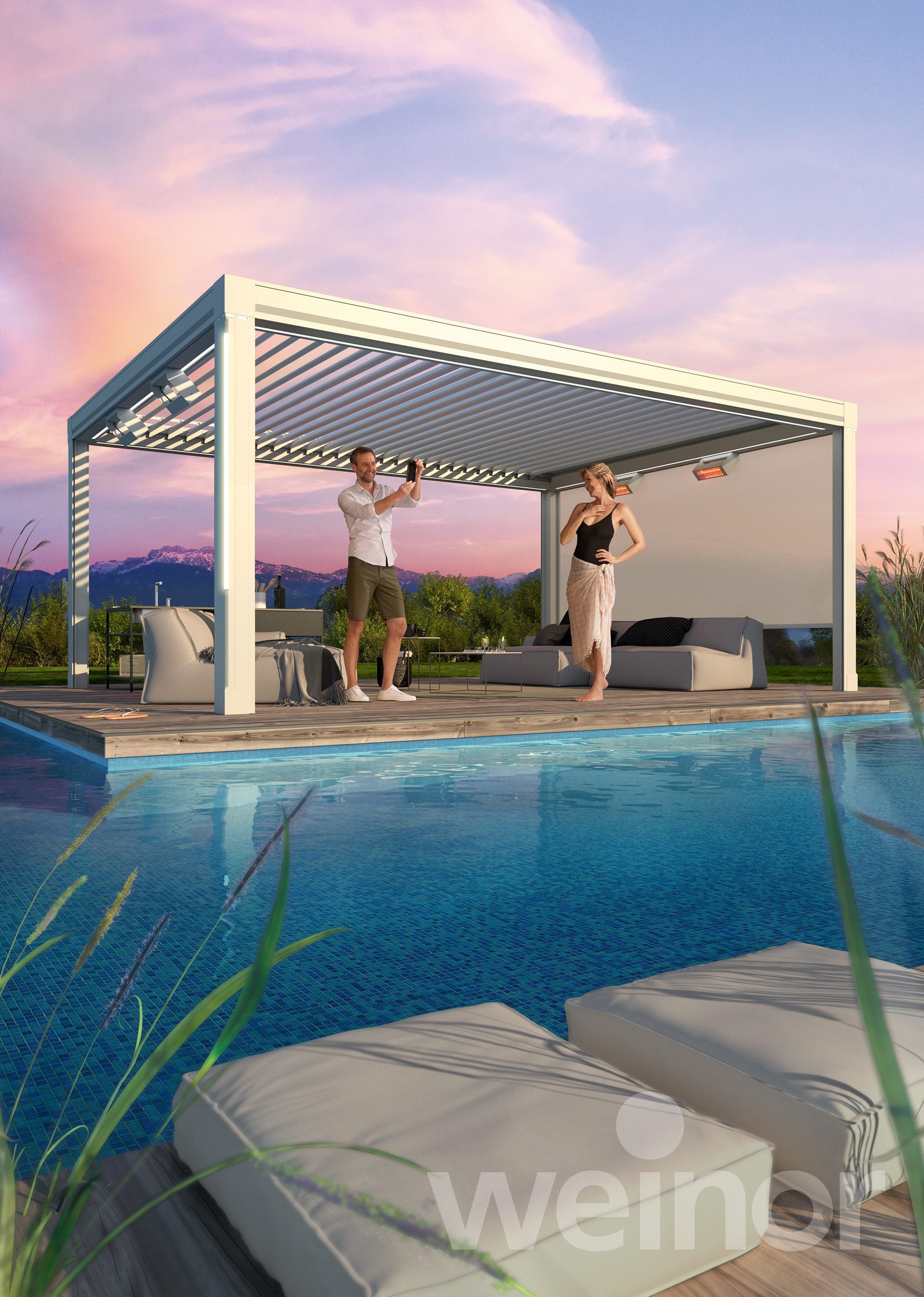 A man and a woman are standing under a pergola next to a swimming pool.