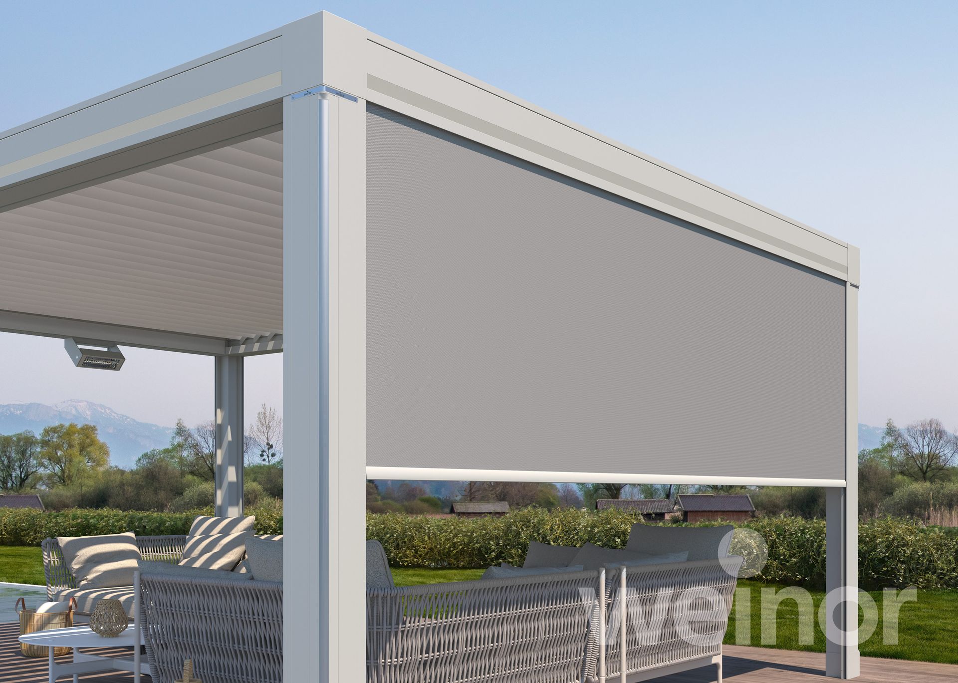 A white pergola with a gray blind on the side