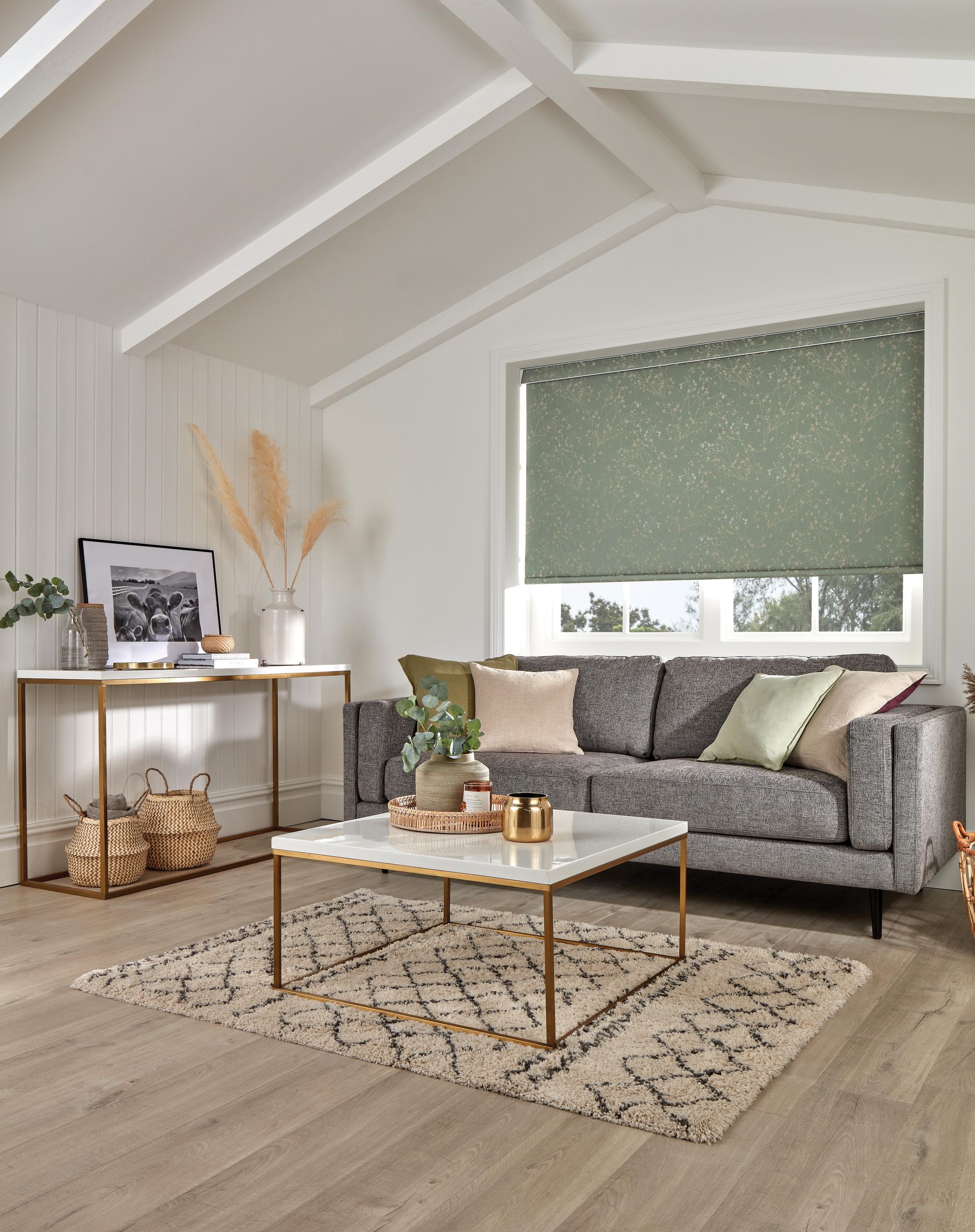 A living room with a couch and a coffee table